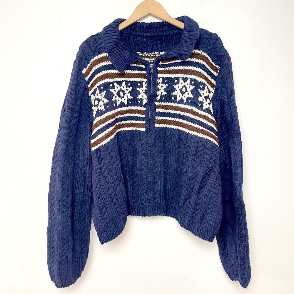 Vintage Y2K Navy Snowflake Striped Chunky Zip Cardigan Retro Cable Knit Sweater